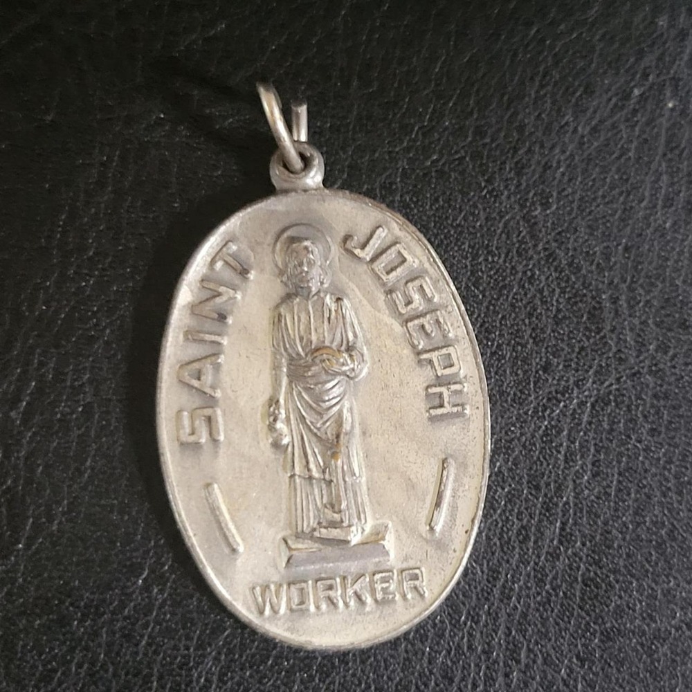 Vintage‎ Saint Joseph Worker Medal Pendant Silver Tone 1.25 Inch Cottagecore